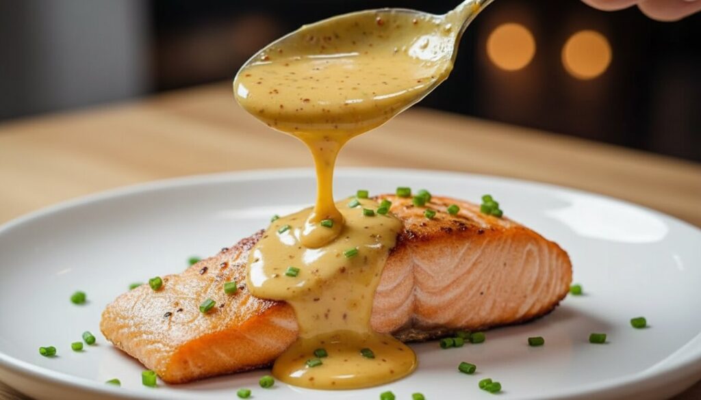 Drizzling spicy bang bang sauce over a perfectly baked salmon fillet.