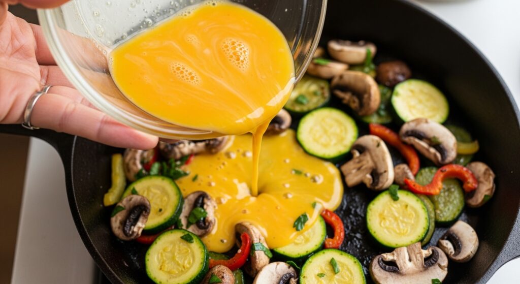 Pouring beaten eggs over sautéed vegetables for a healthy scramble.