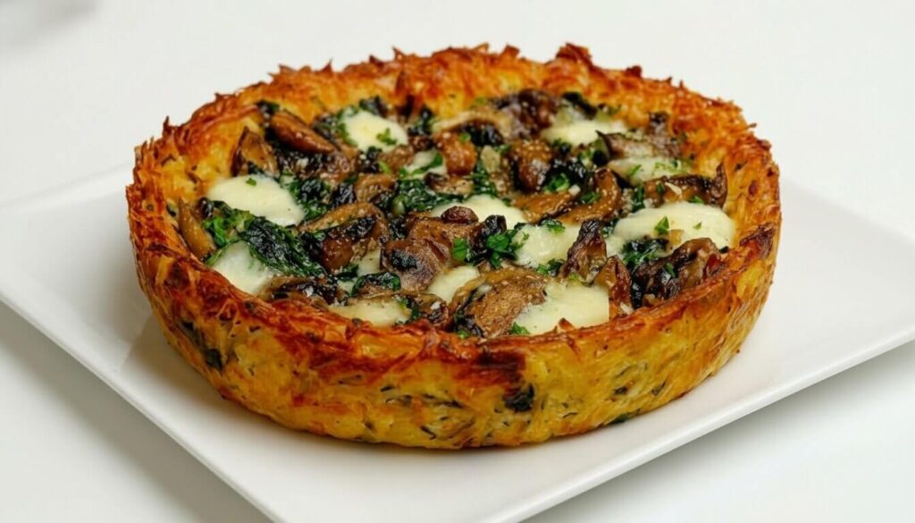 Crispy grated potato pie with spinach and mushrooms golden crust.