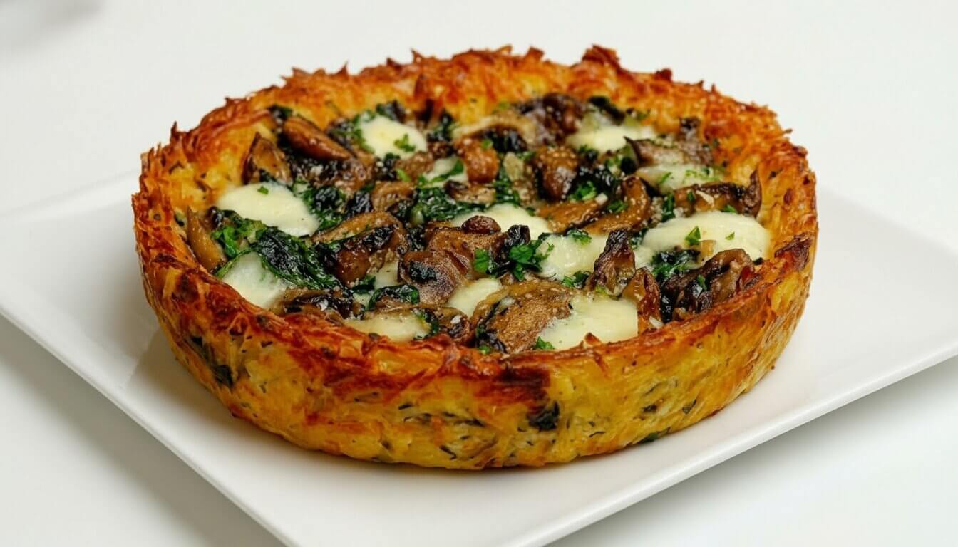 Crispy grated potato pie with spinach and mushrooms golden crust.