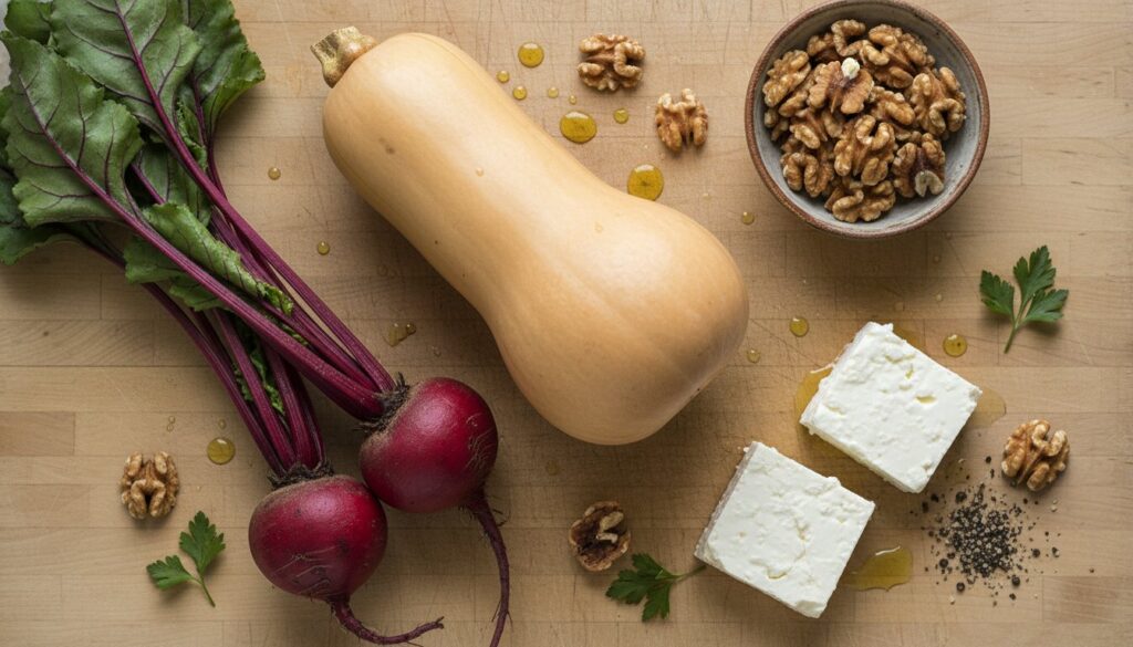 Close-up of oven-roasted beets and butternut squash cubes for healthy salad preparation.