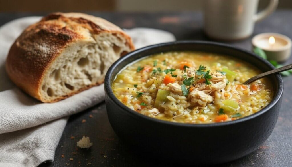 A serving of classic chicken and rice soup with crusty bread on the side.