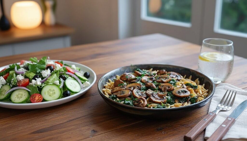 Spinach mushroom orzo served as a complete Mediterranean dinner with salad.