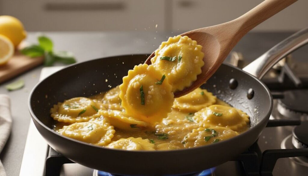 Tossing lobster ravioli in a skillet with lemon butter garlic sauce.