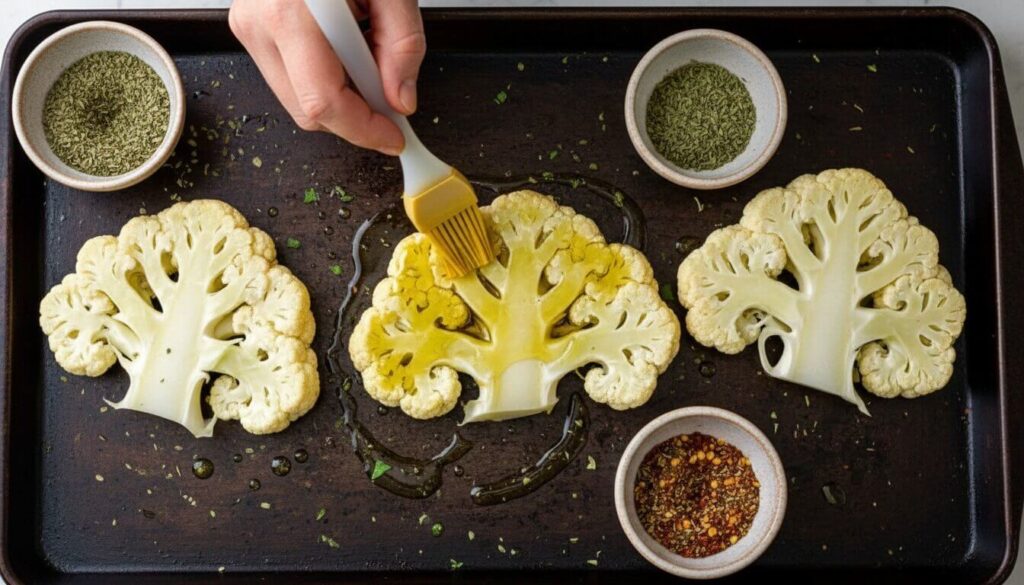 Raw cauliflower steaks being prepped with olive oil and Mediterranean spices.