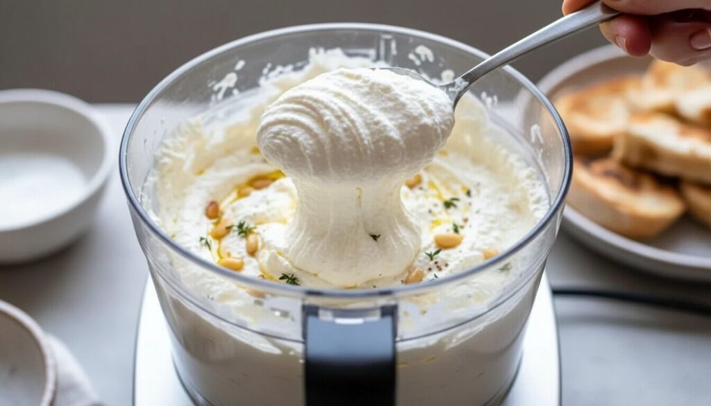 Creamy whipped feta cloud texture in a food processor.