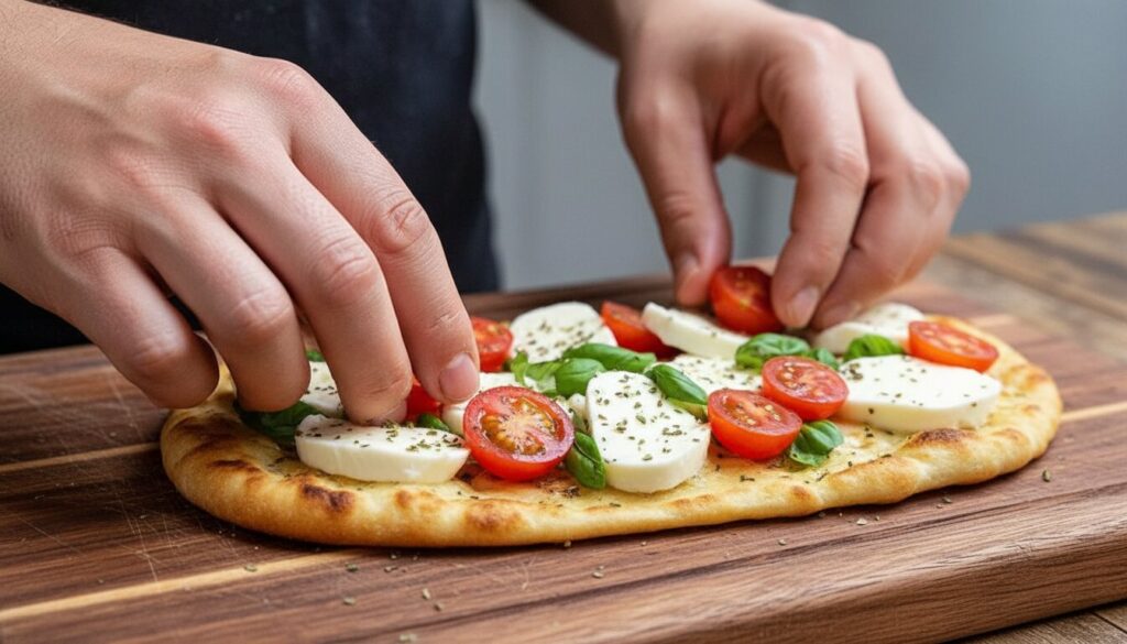 Assembling a tomato basil chicken flatbread on a baking sheet.