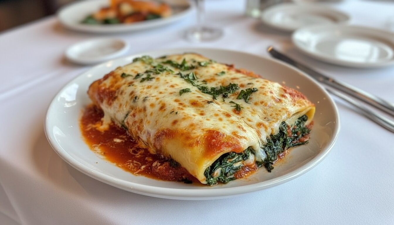 Freshly baked spinach and ricotta cannelloni in a white ceramic dish.