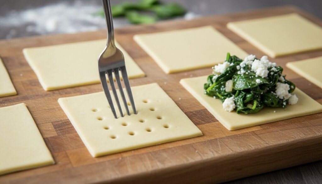 Assembling spinach and feta squares on a floured surface.