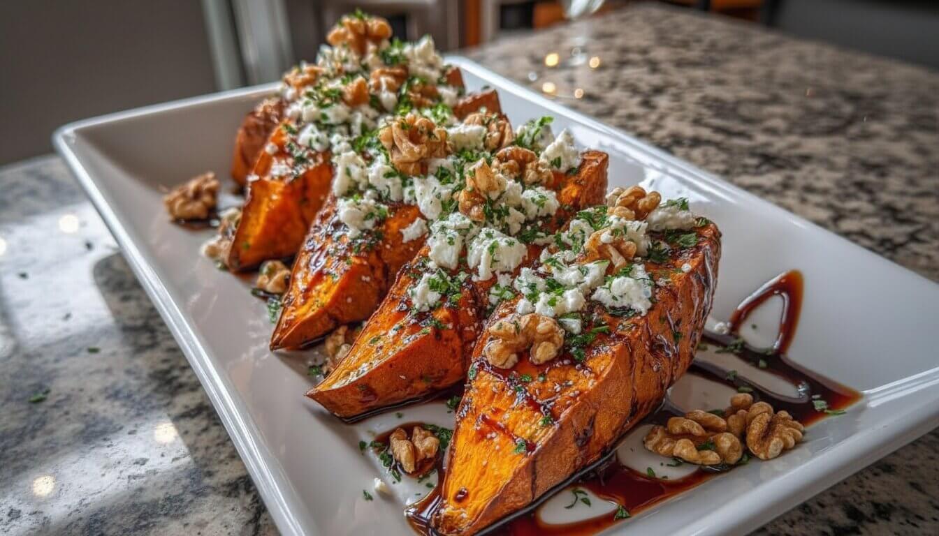 Final dish of Honey Glazed Sweet Potato Wedges with Feta and Walnuts on a white platter.
