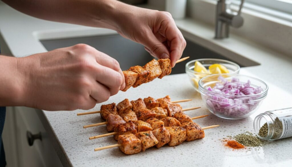 Step-by-step process of threading chicken for souvlaki.