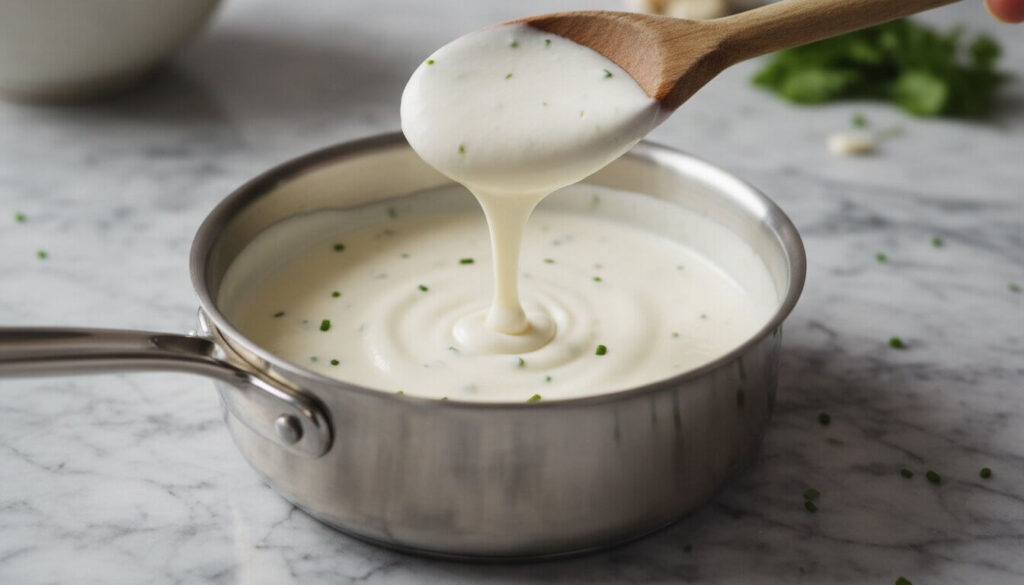 Homemade garlic cream sauce for flatbread pizza.