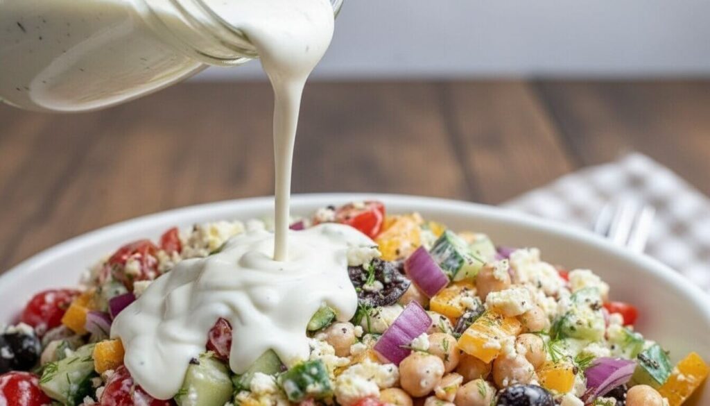 Pouring homemade tzatziki dressing over a Mediterranean chickpea salad.
