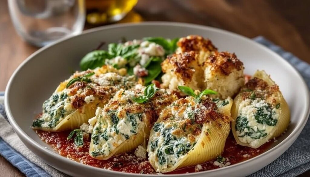 Spinach and Ricotta Stuffed Shells in marinara sauce topped with melted cheese and basil.