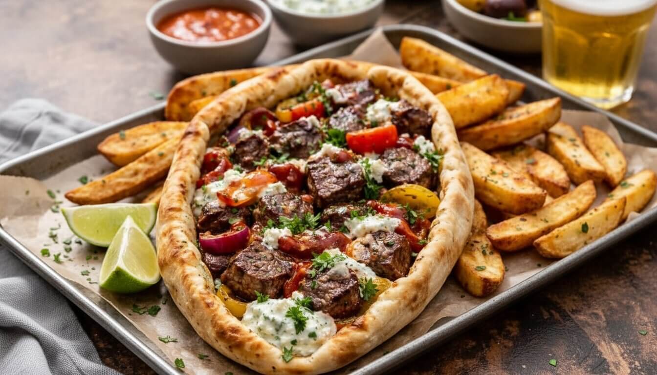 Turkish Pide with Braised Short Ribs on a baking tray with Mediterranean garnishes.