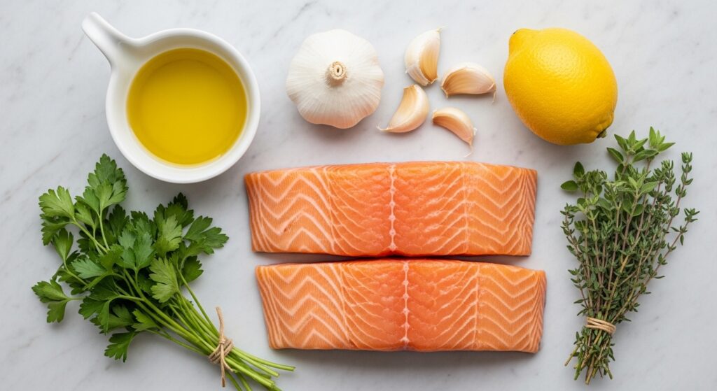 Fresh ingredients for Mediterranean salmon recipe including olive oil, garlic, and herbs.