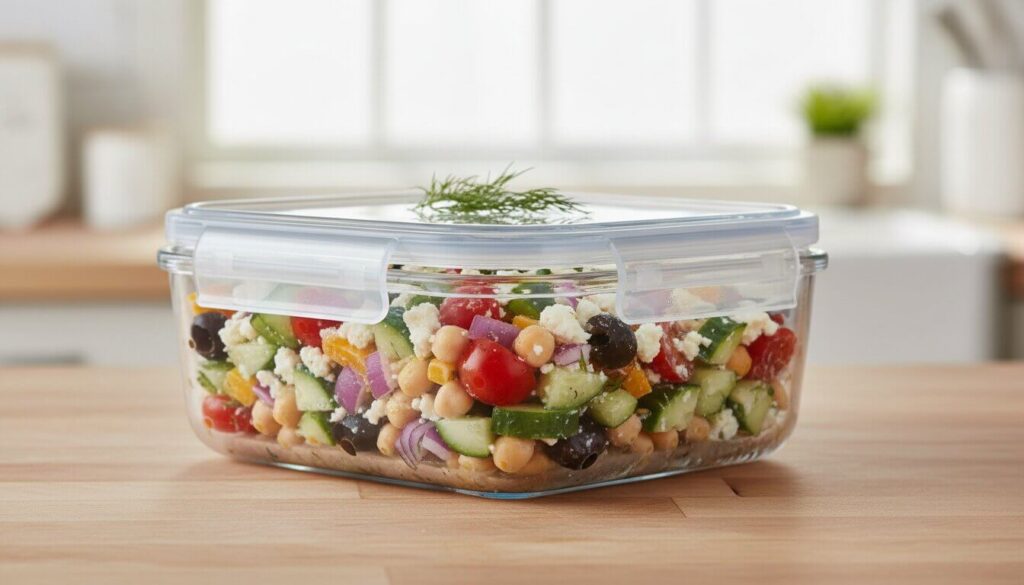 Greek chickpea salad in a glass container for healthy meal prep.