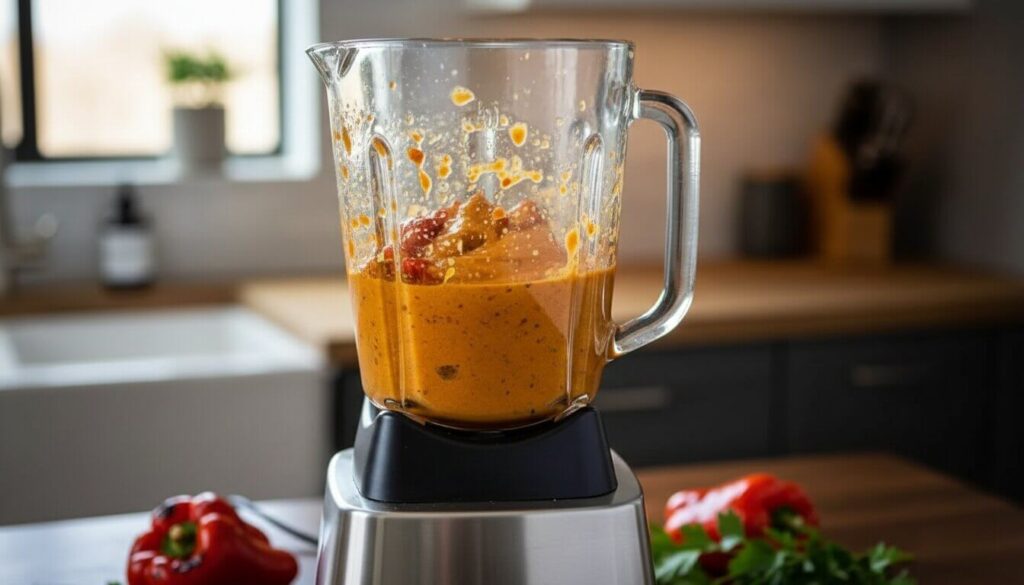 Pureeing roasted red peppers for a creamy Mediterranean fish sauce.