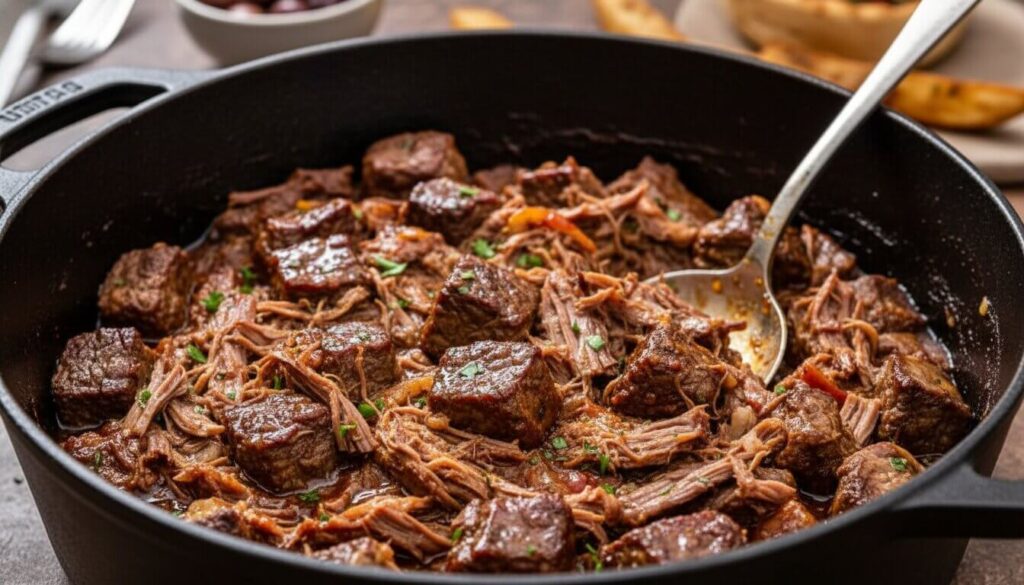 Shredded braised beef short ribs for Turkish pide recipe.