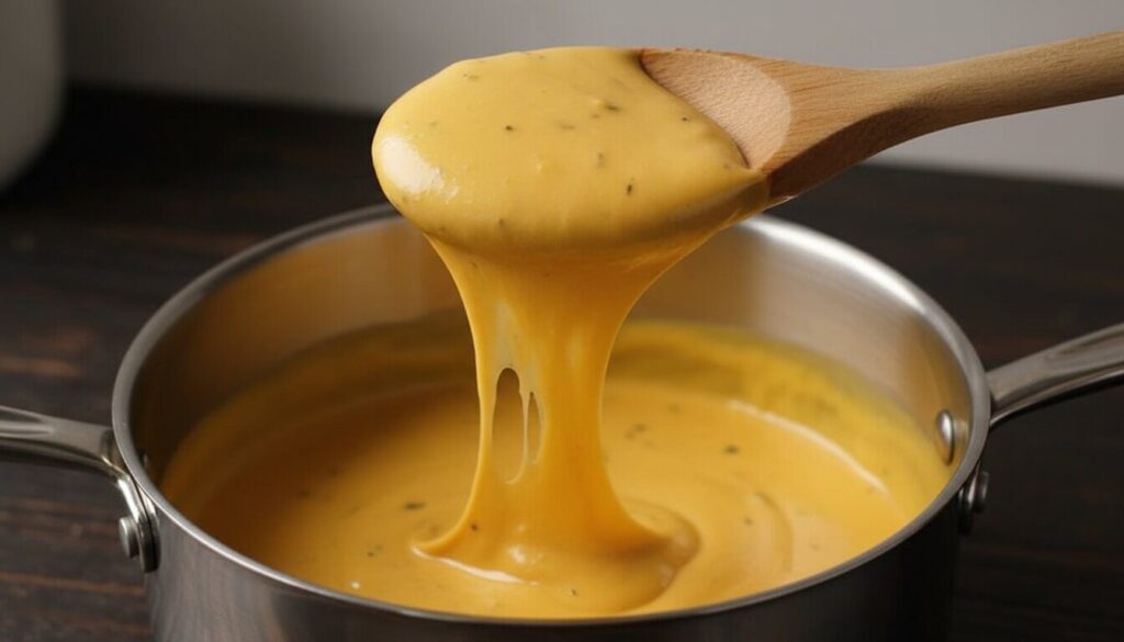 Creamy cheddar cheese sauce being stirred in a pan.