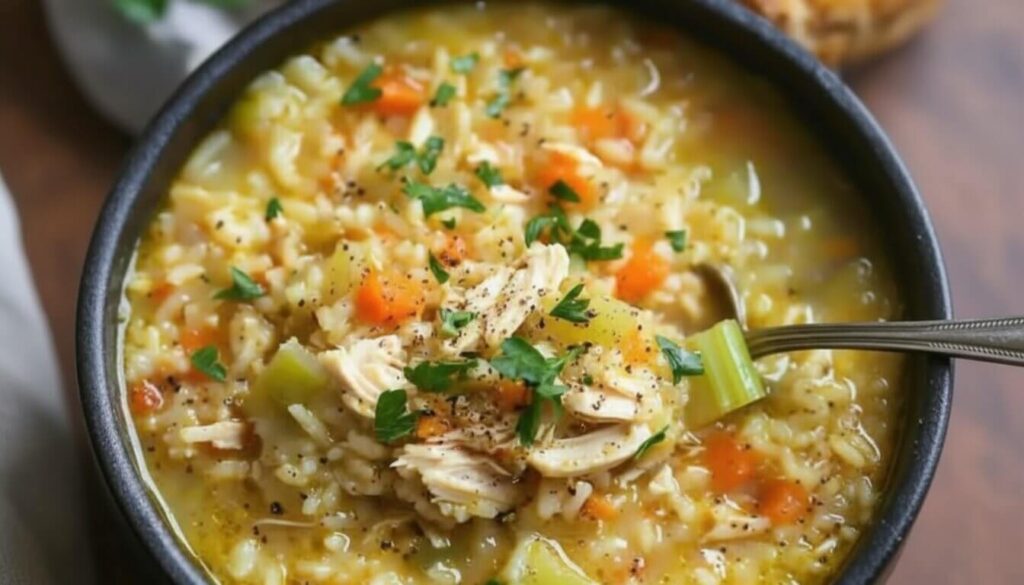 Classic chicken and rice soup with shredded chicken, carrots, celery, and herbs in a warm golden broth