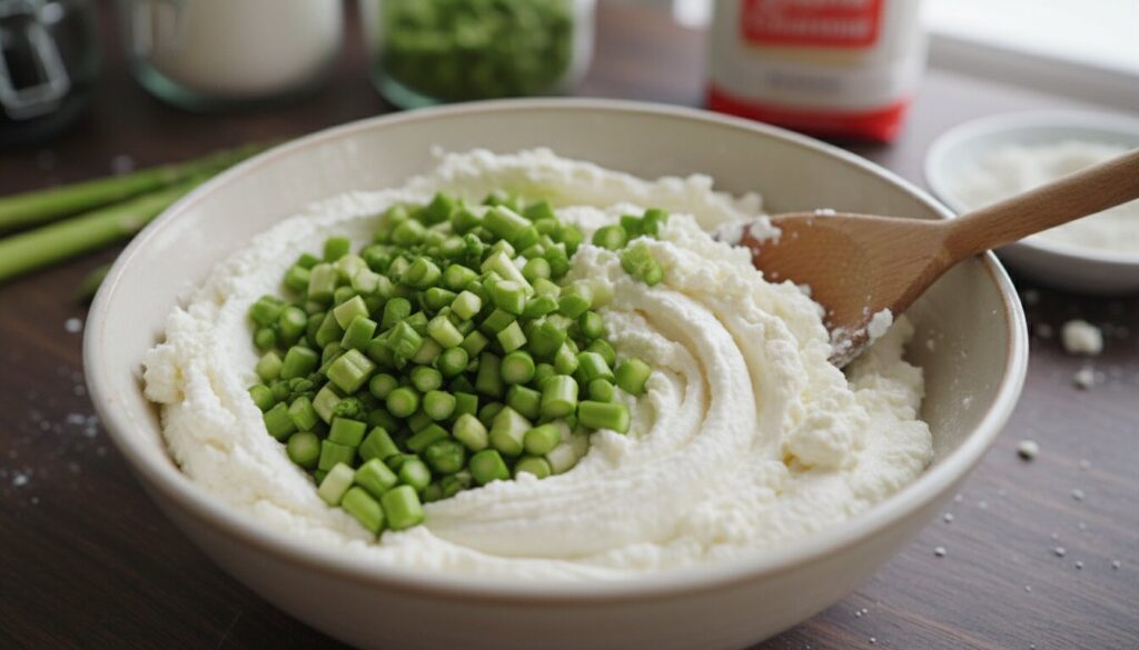 Mixing sautéed asparagus and ricotta cheese for ravioli filling.