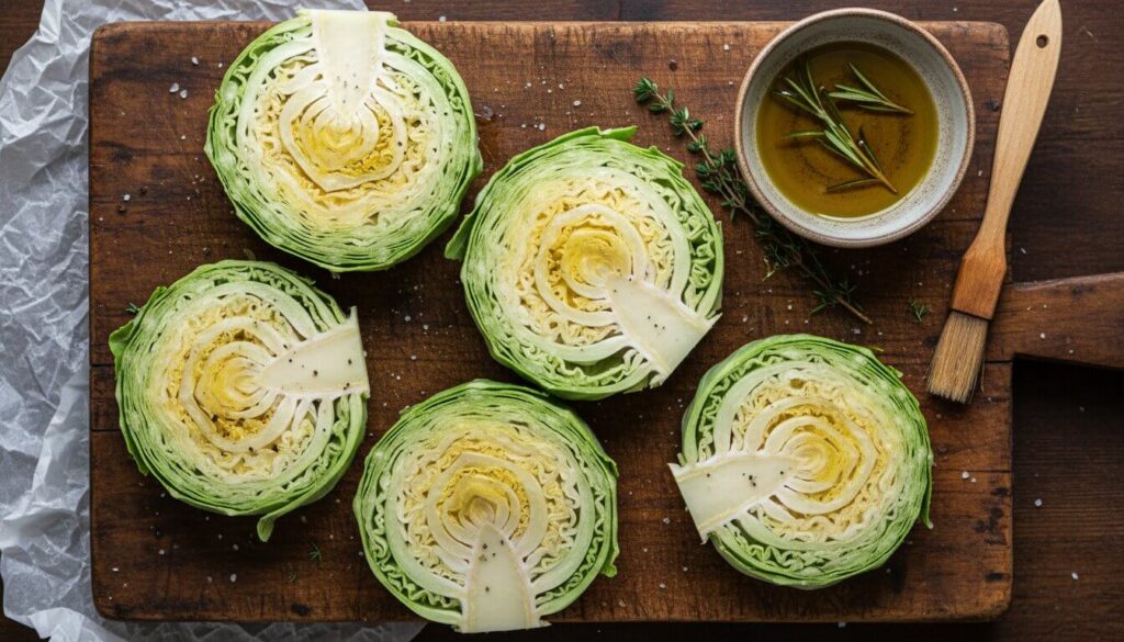 Raw cabbage steaks being prepared with olive oil and Mediterranean herbs.