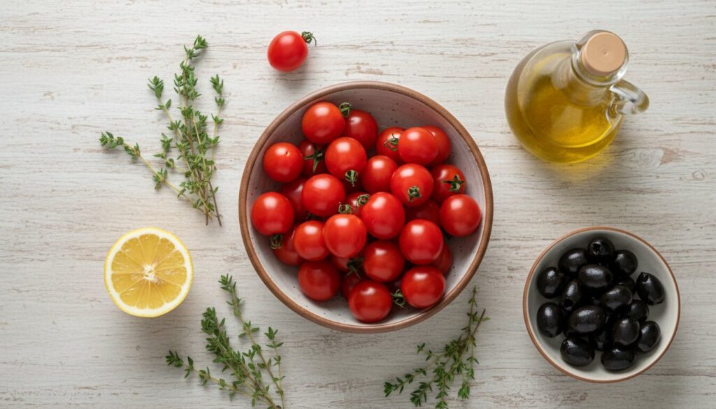 Ingredients for Mediterranean baked chicken recipe on a rustic wood background.