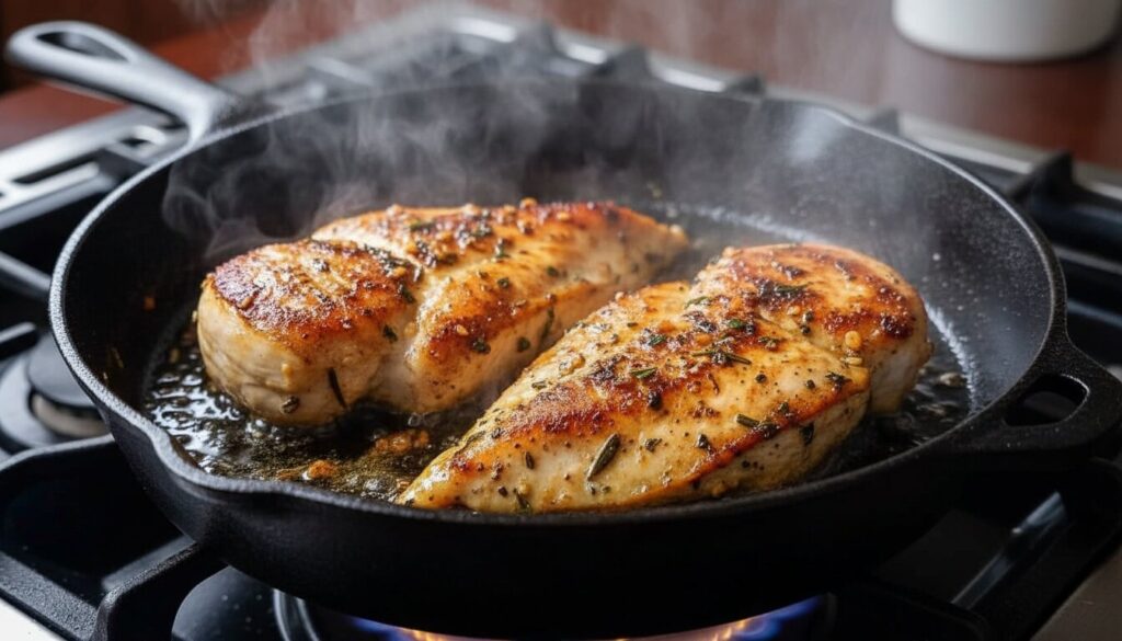 Pan-searing garlic herb chicken in a skillet to achieve a golden brown crust.
