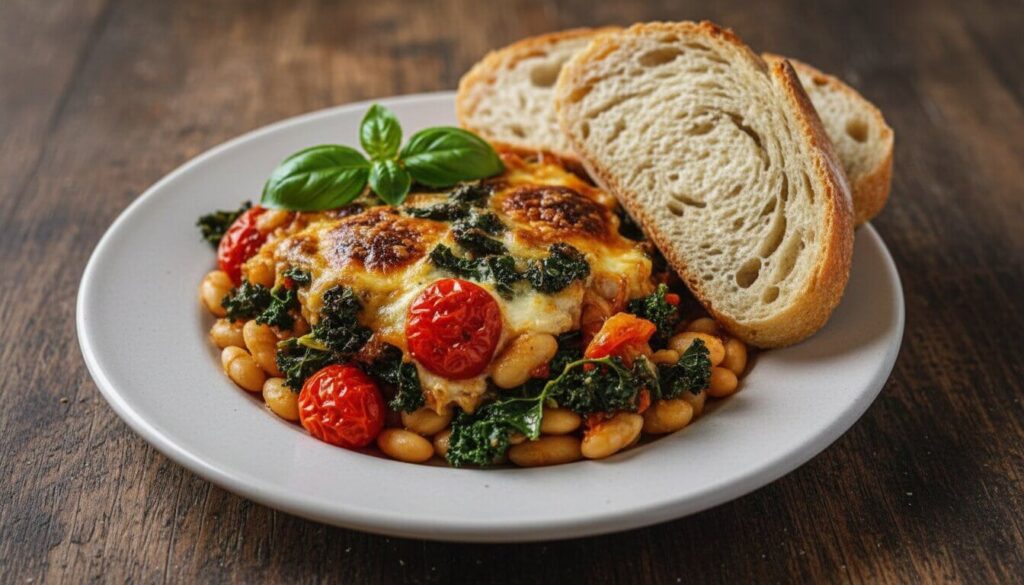 A serving of Italian white bean and kale bake with a side of crusty bread.