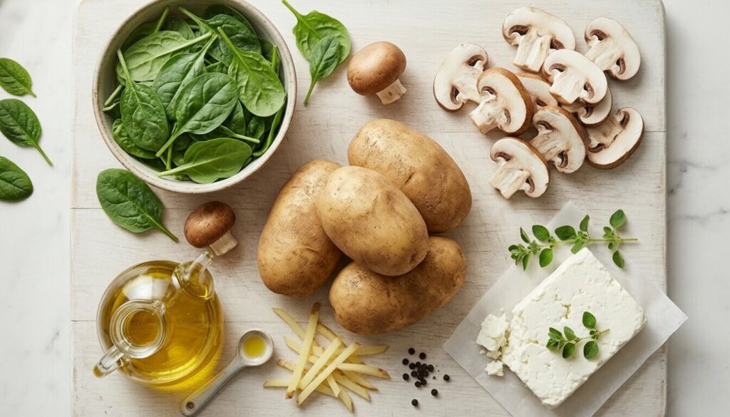 Ingredients for a healthy Mediterranean potato and spinach pie.