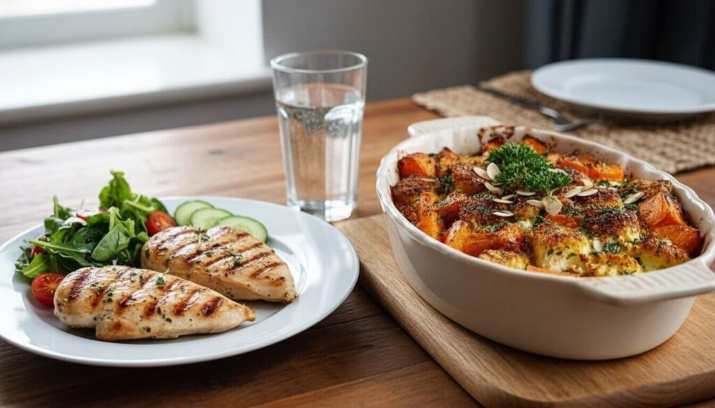Healthy Mediterranean meal idea featuring roasted vegetable casserole and chicken.