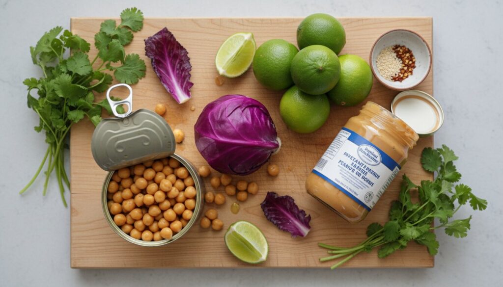 Crunchy Thai chickpea salad in a white plate on a marble surface.