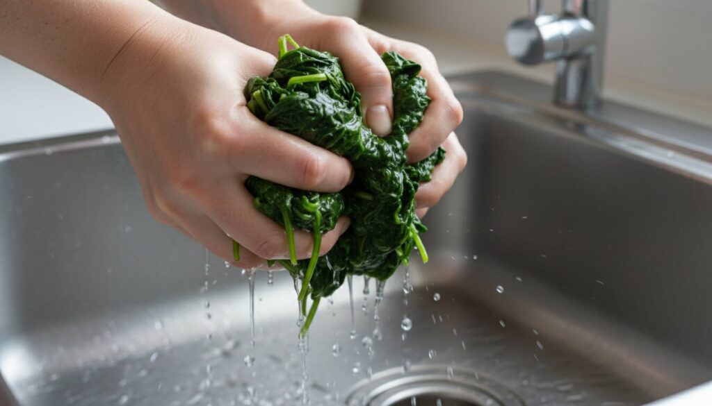 Squeezing water out of sautéed spinach for a quiche recipe.