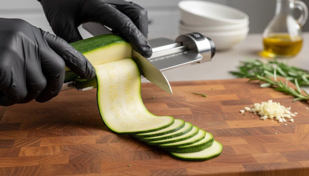 Slicing zucchini ribbons with a mandoline for crispy ricotta zucchini rolls.