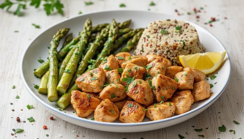 Plated garlic butter chicken bites with asparagus and quinoa.