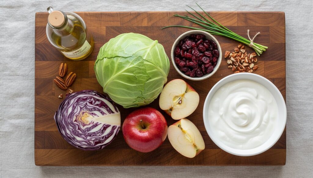 Raw ingredients for apple cabbage cranberry salad including Greek yogurt and honey.