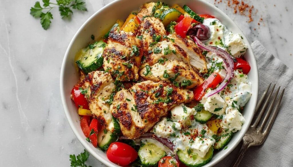 Mediterranean Greek Chicken and Feta Salad Bowl with charred chicken and fresh vegetables.