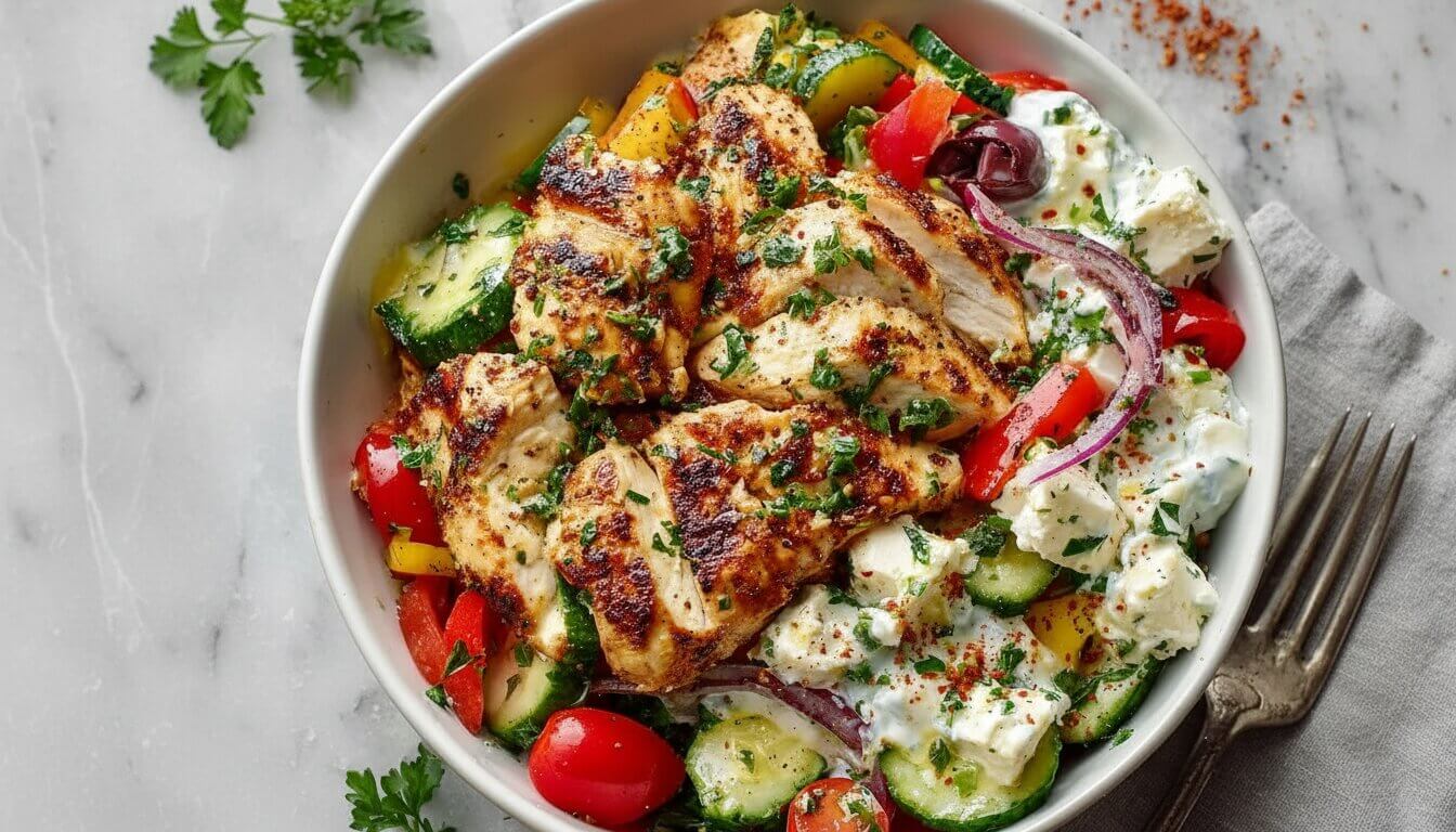 Mediterranean Greek Chicken and Feta Salad Bowl with charred chicken and fresh vegetables.