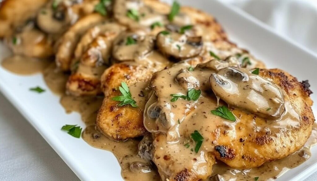 Creamy Chicken Marsala with mushrooms and parsley on a white plate.