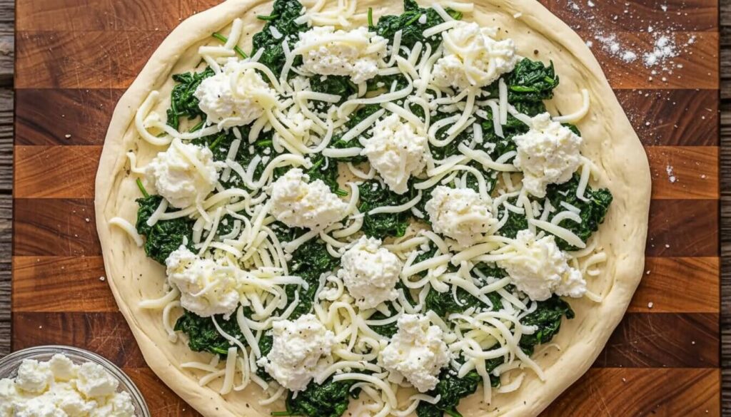 Raw Spinach and Ricotta White Pizza assembly before baking.