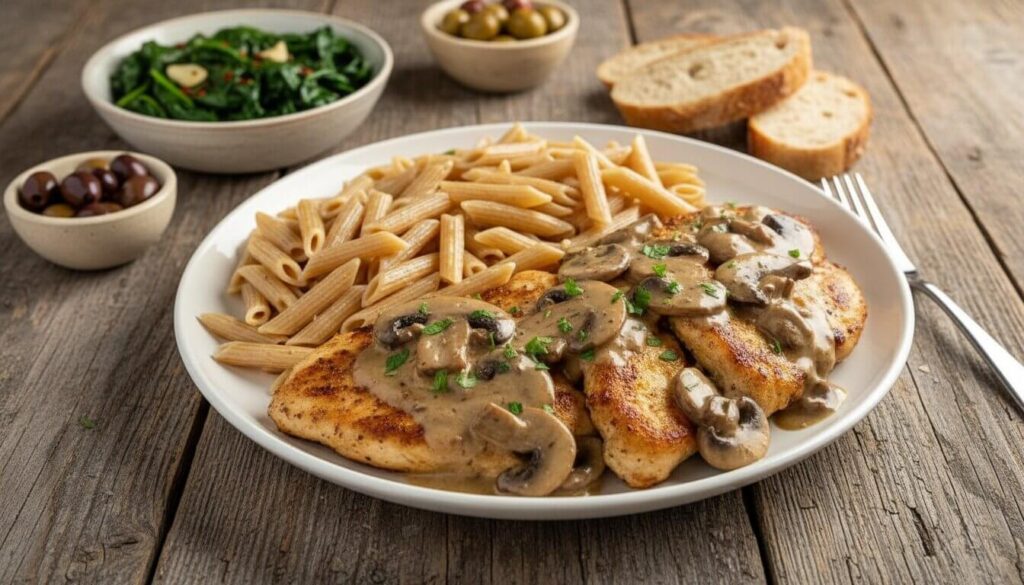 Mediterranean Chicken Marsala served with pasta and spinach.