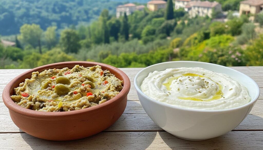 Comparison of chunky vs whipped feta olive dip textures.