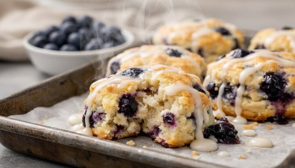Close up of the fluffy interior of a blueberry scone made with Greek yogurt.