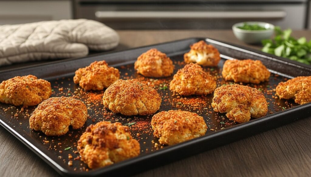 Crispy roasted cauliflower florets on a baking sheet with parchment paper.