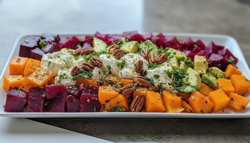 Roasted Beet and Butternut Squash Salad recipe with feta cheese and arugula on a Mediterranean style table.