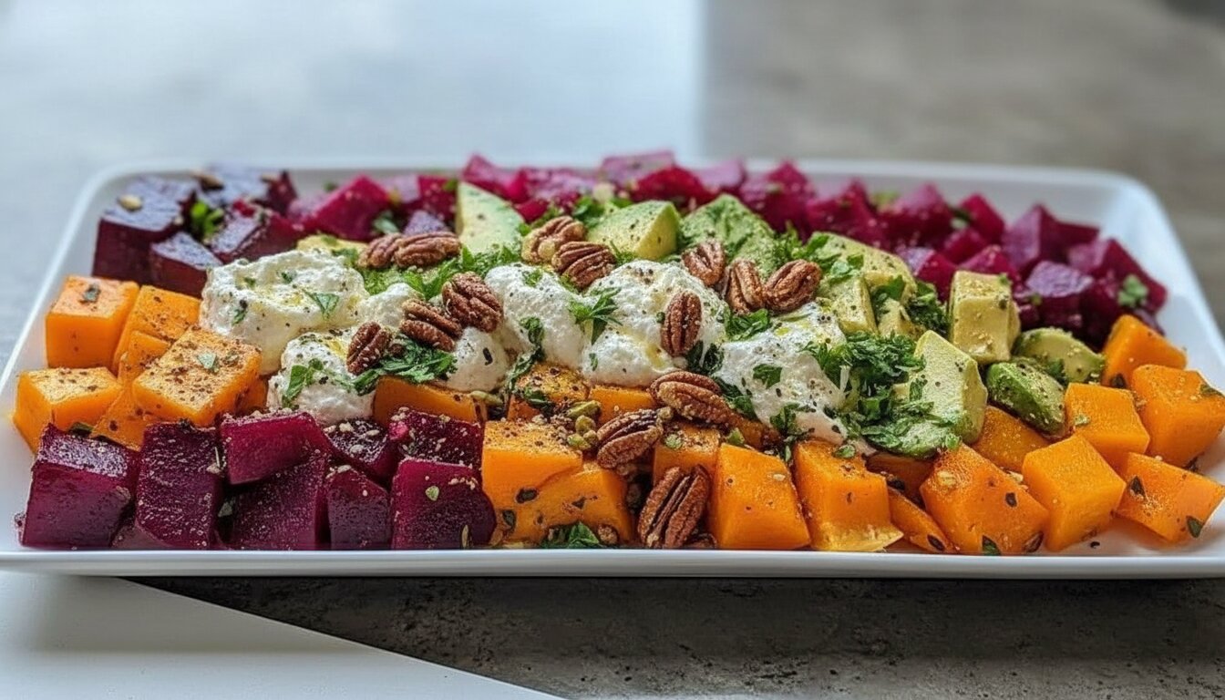 Roasted Beet and Butternut Squash Salad recipe with feta cheese and arugula on a Mediterranean style table.