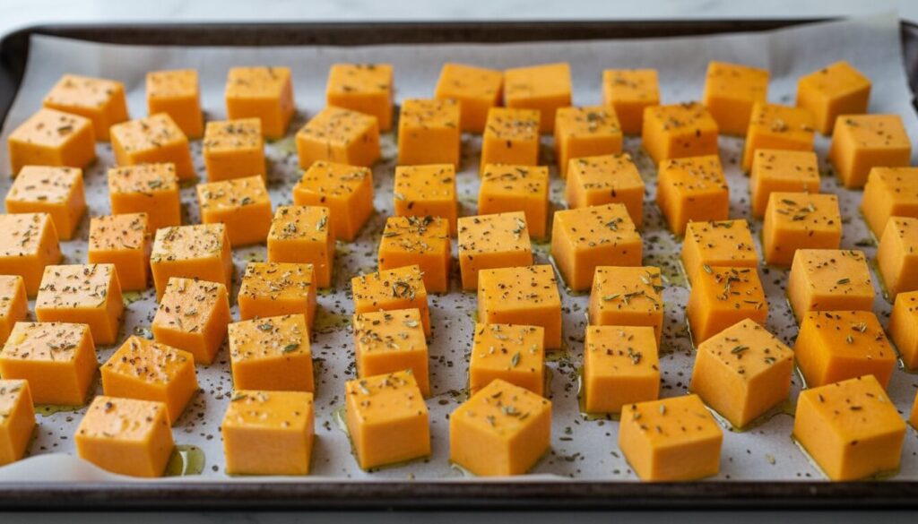 Cubed raw butternut squash on a baking sheet with olive oil and sage.