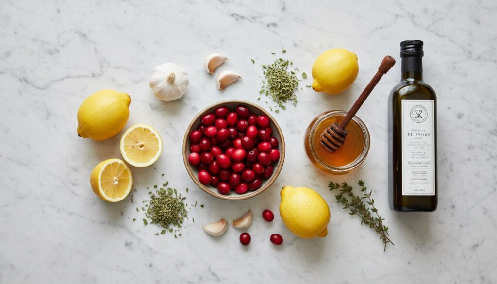 Ingredients for Mediterranean chicken bake: honey, cranberries, olive oil, and herbs.