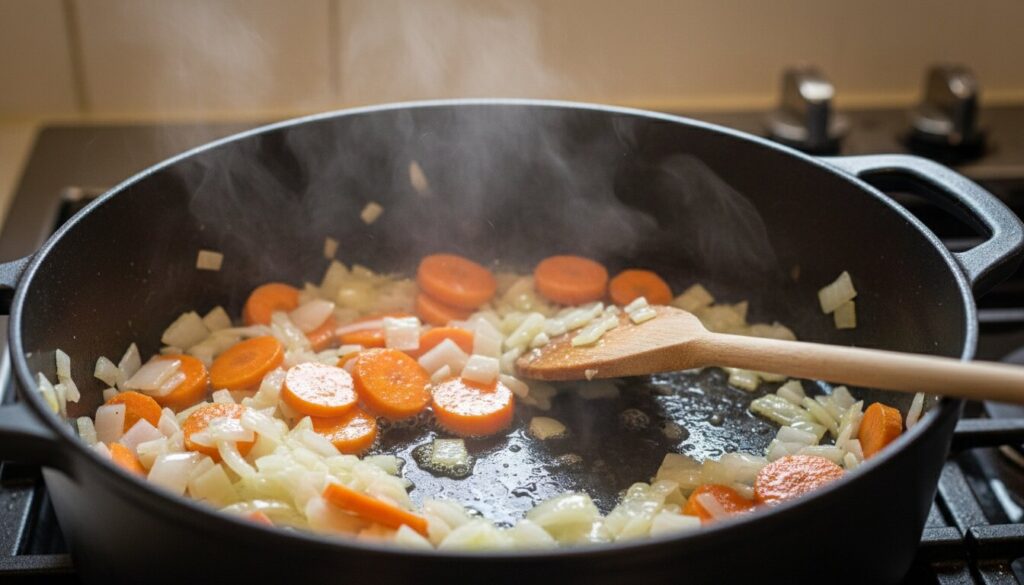 Sautéing onions and carrots in a pan for vegetable stew.